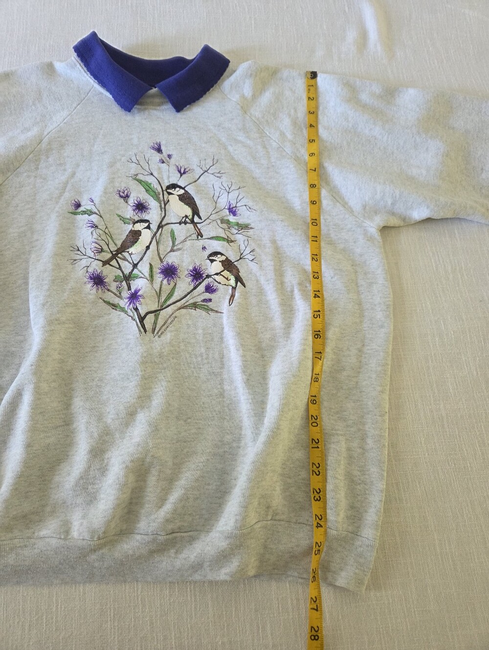 Vintage 90s Gray Sweatshirt Purple Floral Bird Womens XL Sparrow Violet - Picture 5 of 9